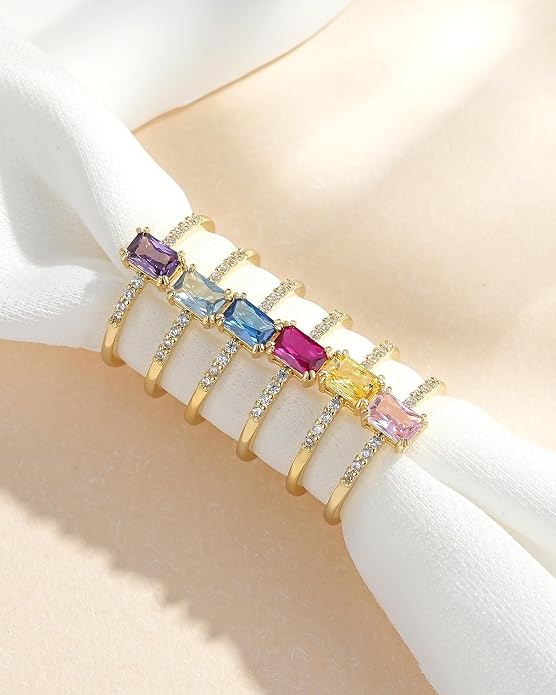 YeGieonr Birthstone Stackable Rings for Women Dainty Gold Rings with Baguette Cubic Zirconia, Non Tarnish Thin Band Ring, 14k Gold Plated Pinky Rings Jewelry Gift