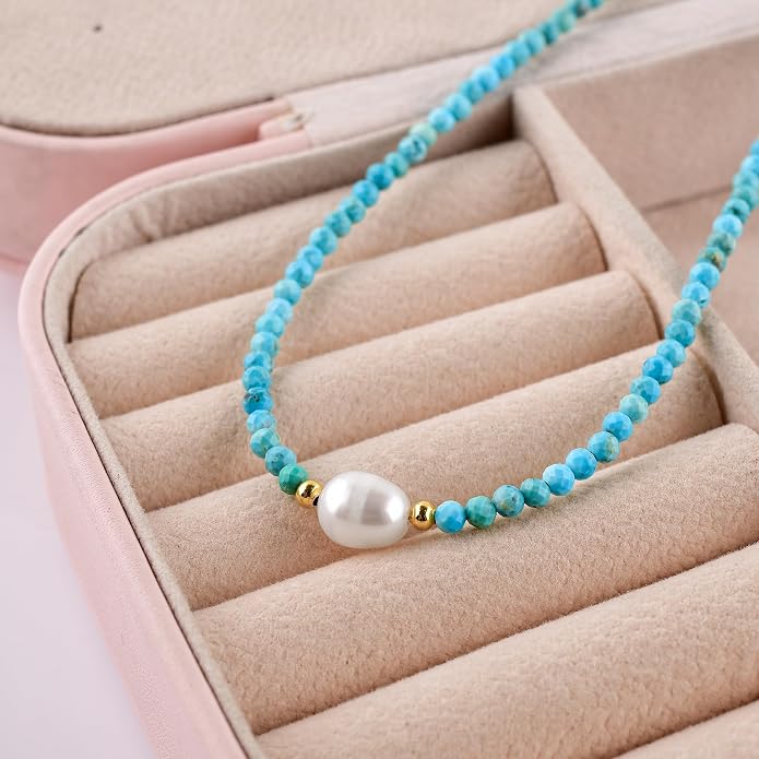 InfinityGemsArt Gemstone Gold Necklace For Women, Birthstone Natural Crystal Stone With Freshwater Pearl Beaded Jewelry, Gold Plated 18 Inch Chain