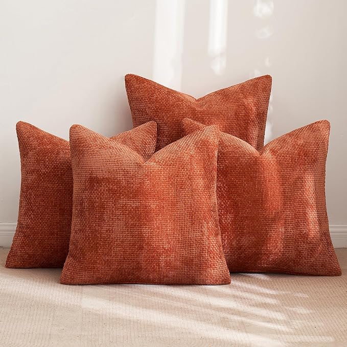MIULEE Pack of 4 Couch Throw Pillow Covers 16x16 Inch Burnt Orange Soft Decorative Chenille Pillow Covers Farmhouse Accent Cushion Covers for Boho Fall Home Decor Sofa Bedroom Living Room