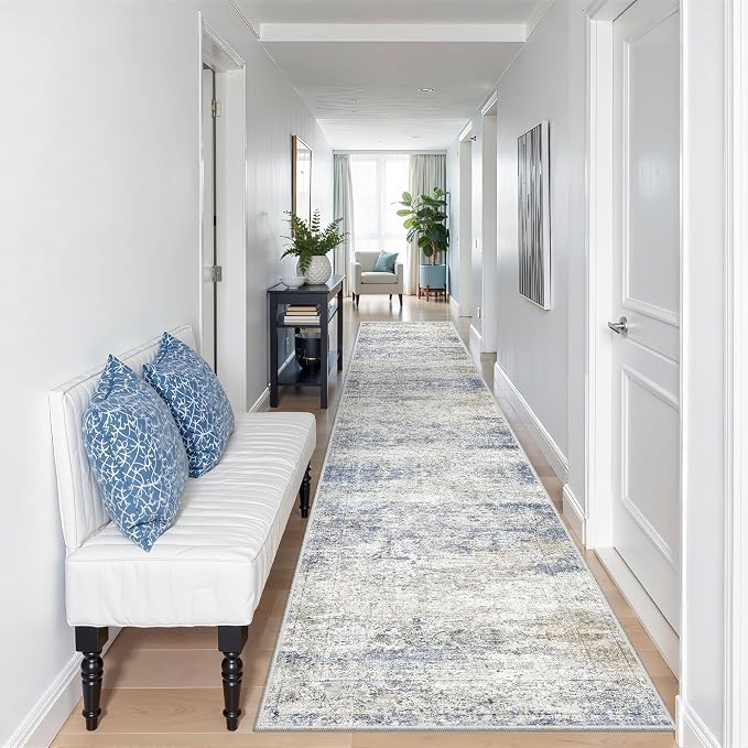 2x10 Runner Rug Non Slip,Washable Hallway Runner Rug,Blue | Long Neutral Rugs for Kitchen,Entryway,Bedroom,Bathroom,Laundry Room,Thin,Soft Runner Rug,Stain Resistant Indoor Carpet
