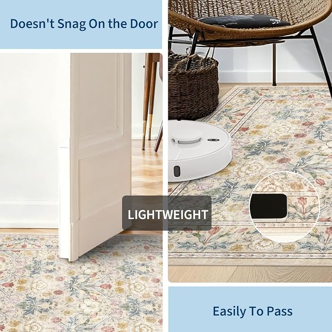 GarveeHome Area Rugs 8x10 for Living Room, Beige Floral Large Washable Rug Soft Non Slip Carpet Indoor Thin Accent Rug for Bedroom Dining Room Playroom Nursery Home Decor
