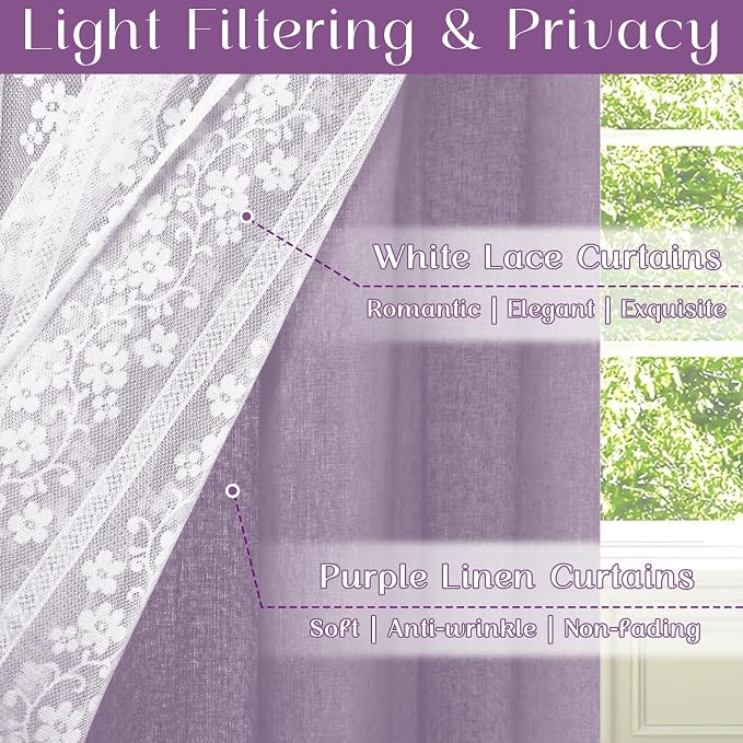 ASPMIZ Linen Kitchen Curtains Double Layer Kitchen Window Curtains Over Sink 24 Inch Length Purple Tier Curtain Light Filtering, Rod Pocket Cafe Curtain Short Window Treatments with 2 Tiebacks, 26x24