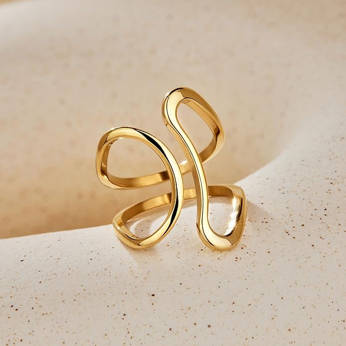 Gelbesty Waterproof Gold Statement Rings for Women, 14K Gold Plated Chunky Open Stackable Rings Non Tarnish Fashion Adjustable Stainless Steel Pinky Knuckle Signet Vintage Ring Jewelry Size 5-11
