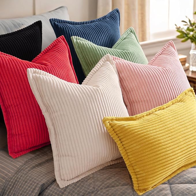 decorUhome Fall Corduroy Red Throw Pillow Covers 12x20 Set of 2 | Lumbar Couch Decorative Soft Modern Boho Farmhouse Pillow Covers Broadside Striped Pillow Cases for Living Room Bed Sofa