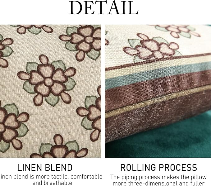 ISAENNE Vintage Linen Rectangle Throw Pillow Cover,Set of 2,20"x12"-Brune D | Designer French Elegant Pillow Cover,Concealed Zipper Design,Floral Pattern,Sofa,Bedroom,Living Room,Lounge Chairs