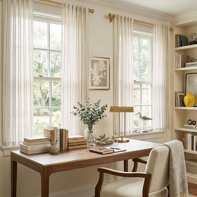 Vangao Striped Curtains Yellow on White Semi Sheer Curtains 63 Inches Long for Bedroom Living Room Modern Farmhouse Linen Textured Light Filtering Drapes 2 Panels Mustard Yellow W50 x L63 Inch