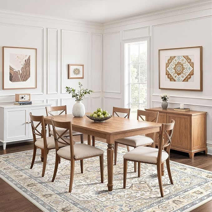 9x12 Area Rug Living Room: Washable Boho Large Neutral Vintage Soft Rug Stain Resistant Farmhouse Non-Slip Indoor Floor Carpet for Bedroom Nursery Kids Playroom Office Dining Room- Sand Blue