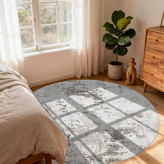 ROYHOME Modern Abstract 4x4 Round Area Rug Non Slip Non Shedding Rug Low Pile Stain Resistant for Bedroom Living Room Office Dining Room,Taupe/Beige