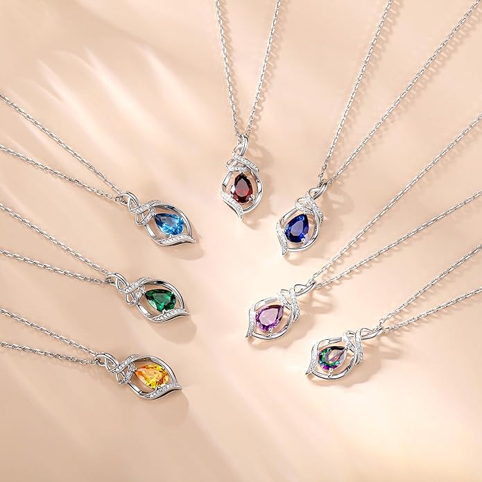 FANCIME Teardrop Birthstone Necklace for Women S925 Sterling Silver Elegant Ribbon Pendent Necklace Birthday Jewelry Gifts for Mom Wife Her, 16"+2" Inches