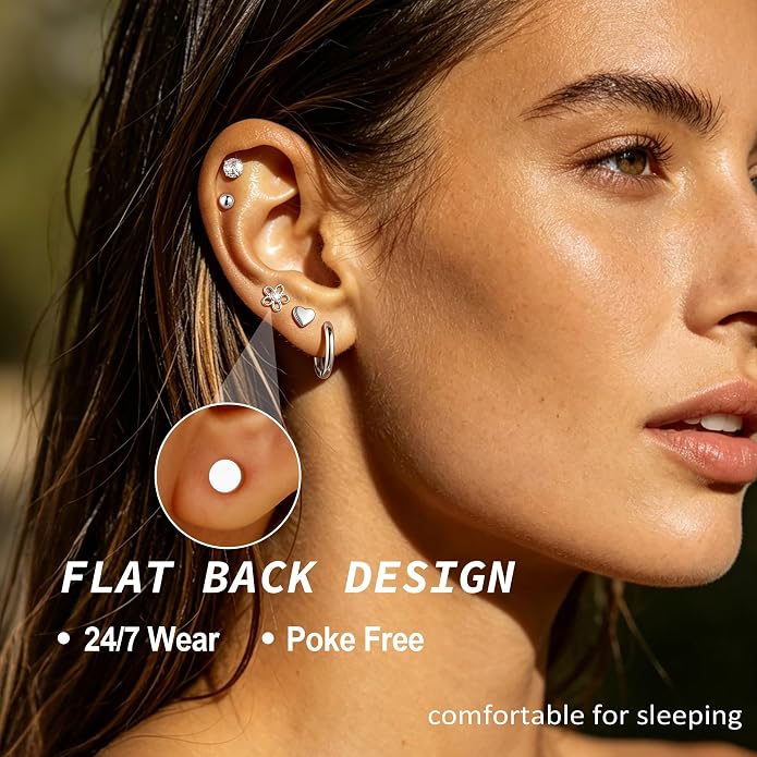 Hypoallergenic 14K Gold Stud Earrings Set for Women Surgical Stainless Steel Flat back Earrings Small Gold Huggie Hoop Earring for Sensitive Ears Screw Back Cartilage Piercing Jewelry
