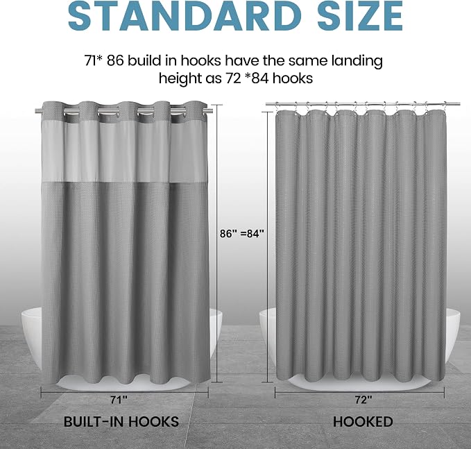 EUTXL Heavyweight Grey Long Shower Curtain and Liner Set - 256GSM Waffle Weave Textured Heavy Duty,Hotel Luxury Weighted Bath Curtain,71W x 86H