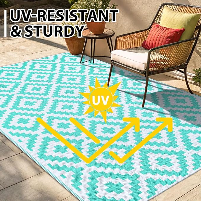 Smiry Waterproof Outdoor Rug 9X18 ft, Reversible Plastic Straw Patio Camping Rugs, Outdoor Indoor RV Mat Carpet for Patio, Outside Entry, Backyard, Deck, Bench, Picnic, Camper, White & Teal