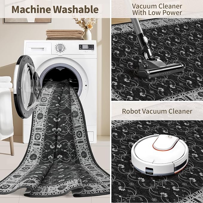 Rugxara 8x10 Washable Area Rug for Living Room, Extra Large Black Vintage Boho Rugs for Office, Kids Room, Farmhouse, Durable Low Pile Non Slip Carpet for High Traffic Areas（Black 8x10）