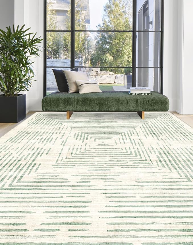 BLISSA Large Washable Area Rugs 9x12 - Soft Sage Green Lines Borderd Modern Abstract Rug for Living Room Ultra-Thin Geometric Striped Carpet for Bedroom Nursery Dining Room Office Home Decor