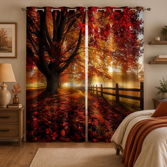 Red Maple Forest Window Curtains 52 x 63 in, Fall Landscape Drapes with Autumn Trees and Sunrise Scene, Woodland Curtains for Living Room Bedroom