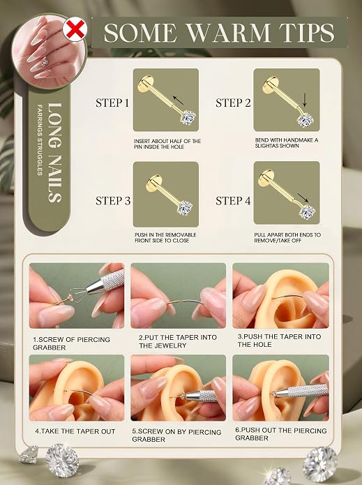 LOLIAS 4 Pairs Moissanite Flat Back Earrings Hypoallergenic-Threadless Push in Nose Rings Studs for Women Men 14K Gold Plated Surgical Steel Cartilage Helix Tragus Labret Piercing Jewelry Kit Taper Ball Grabber Tool 20G 18G 16G