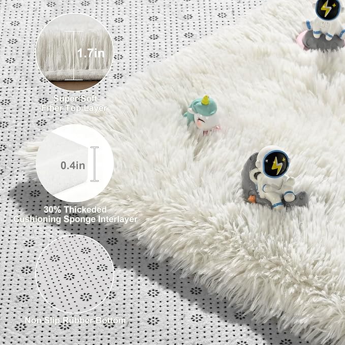 Fluffy Rugs for Living Room: White Soft Shag Rug for Bedroom, Large Fuzzy Plush Indoor Carpet Non Slip Modern Rug for Nursery Kids Room Dorms Office Home Decor, 7x10 Feet