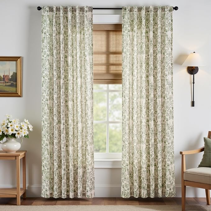 jinchan Linen Floral Curtains for Living Room with Printed Flower 84 Inches Long Light Filtering Farmhouse Window Treatment Vintage Drapes Back Tab Rod Pocket 2 Panels Green on Beige
