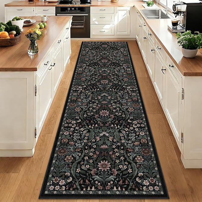 3x10 Washable Runner Rug,Black Floral Boho Area Rug for Hallway,Low-Pile Non-Slip Stain Resistant Carpet for Kitchen, Bedside,Laundry Room,Entryway