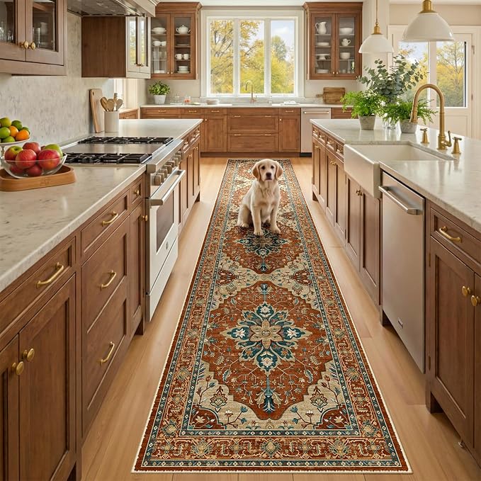 RELEANY Area Rugs Runner 2'x10' Washable Non-Slip, Floral Vintage Distress Medallion Carpet for Kitchen Hallway Bedroom Beside Laundry Room Bathroom, Red Orange Blue Brown