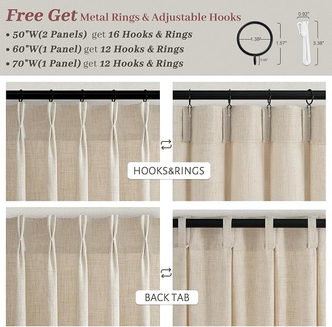 Extra Long 102 Inch Thick Natural Linen Curtains 2 Panels Set for Office, Memory Shape Pinch Pleated Semi Sheer Classroom Floor to Ceiling Curtain Light Filtering Privacy Elegant Drapes Windows Decor