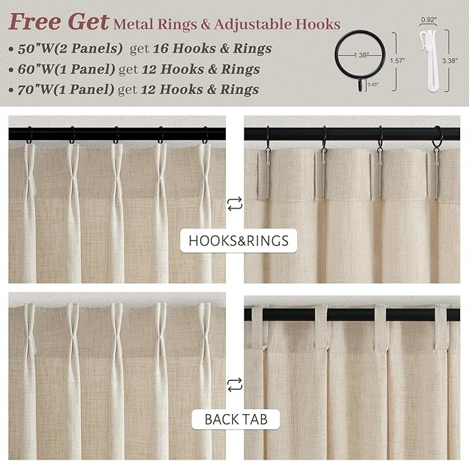 Pinch Pleated Semi Sheer Natural Linen Curtains 96 Inches Long for Living Room, Memory Trained Light Filtering 8FT Length Viral Windows Drapes Privacy Bedroom Modern Curtain 2 Panels Set Hooks Rings