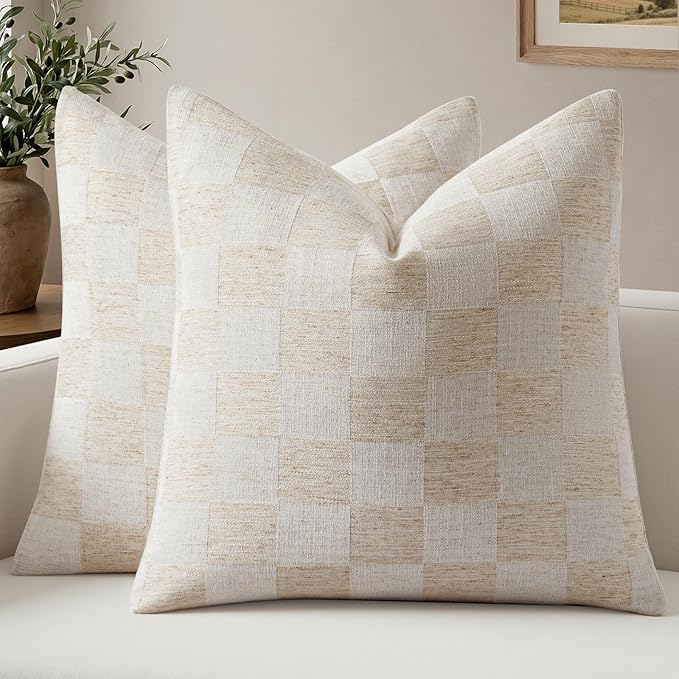 a moment Set of 2 Decorative Linen Throw Pillow Covers,Large Grid Textured Neutral Boho Farmhouse Cushion Covers,Soft Aesthetic Pillowcases for Couch Sofa Living Room Home Decor,22x22 Inch,Beige