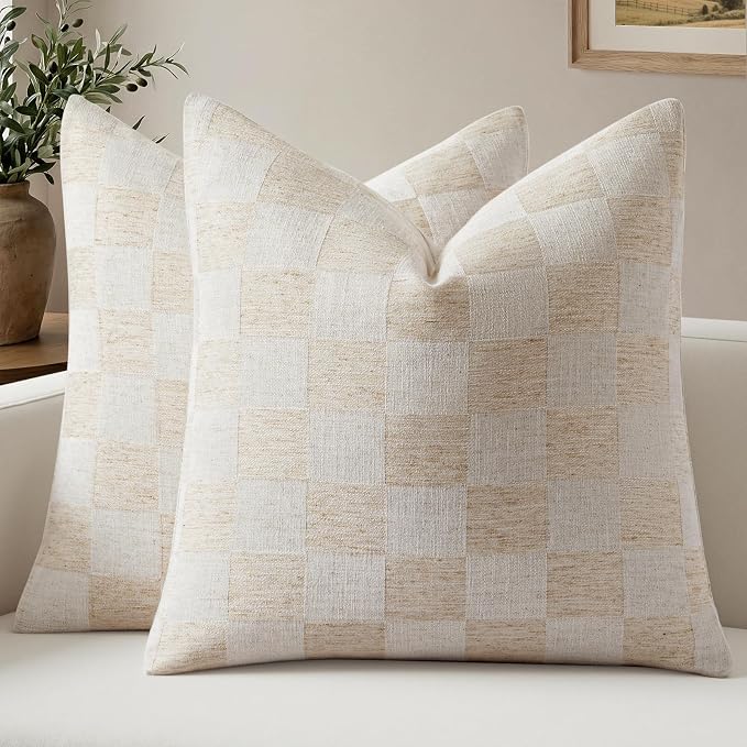 a moment Set of 2 Decorative Linen Throw Pillow Covers,Large Grid Textured Neutral Boho Farmhouse Cushion Covers,Soft Aesthetic Pillowcases for Couch Sofa Living Room Home Decor,18x18 Inch,Beige