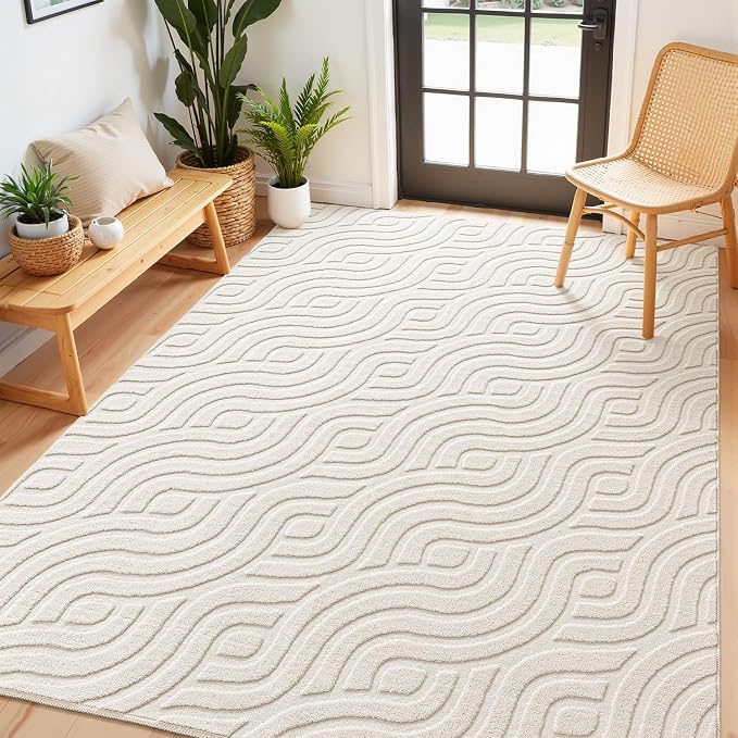 SHACOS 6x9 Soft Area Rugs for Living Room Beige Solid Color Fluffy Rug for Bedroom Non Slip Washable Indoor Mat Floor Carpet for Kids Room Nursery Dining Room, High-Low Pile Boho Modern Rug