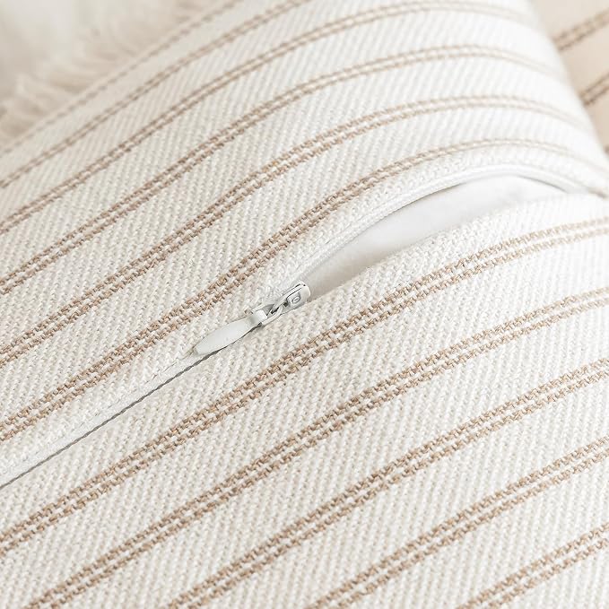 YEENAASY Throw Pillow Covers 26x26 Set of 2 Striped Fringe Pillow Cover Farmhouse Cushion Covers with Tassel Neutral Boho Pillows Decorative Square Pillowcase for Couch Sofa Bed, Khaki