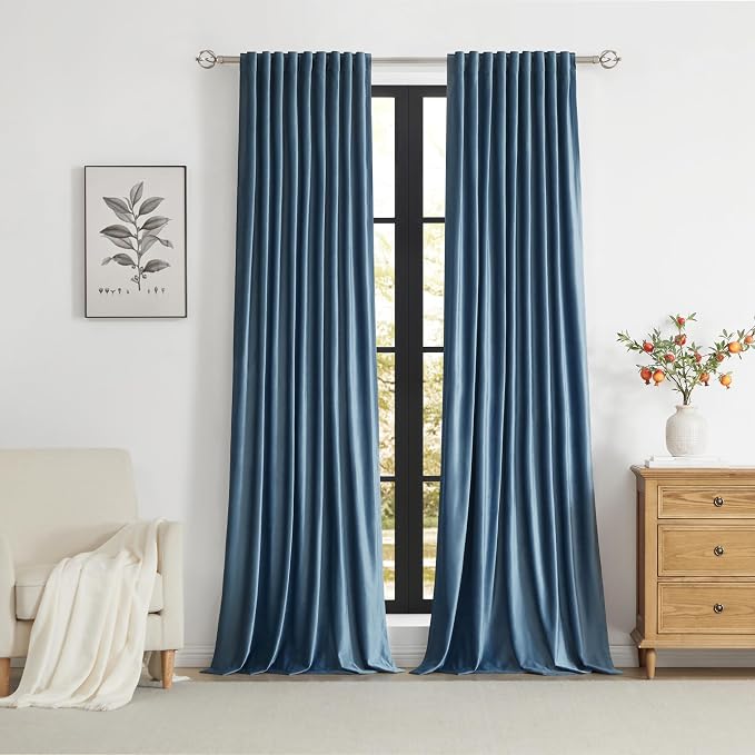 PRIMROSE 100% Full Blackout Velvet Curtains, Set of 2, Stone Grayish Blue, 52"W x 63"L (Pack of 2), Living Room, Bedroom