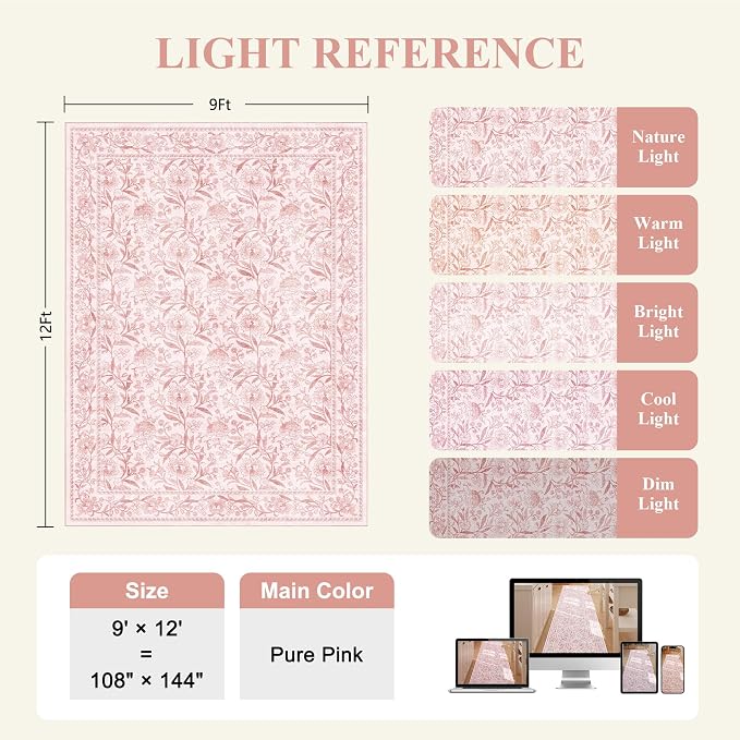 DUKINO 9x12 Area Rug for Living Room Vintage Floral Washable Rug Light Pink | Non Slip, Low Pile, Non-Shedding, Stain Resistant, Aesthetic Soft Indoor Large Carpet for Bedroom Dining Room Farmhouse