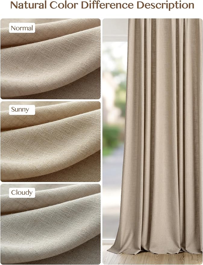 Liz Pinch Pleated Linen Curtains Light Filtering Curtains for Living Room, Farmhouse Window Curtains for Bedroom, Modern Drapes with Hooks and Rings, 108 Inches Long, Burlywood Birch, 2 Panels Set