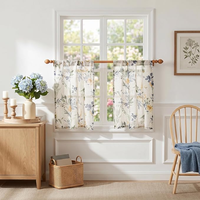 MYSKY HOME Floral Kitchen Curtains 30 Inch Length Linen Tier Curtains Farmhouse Blue Flower Patterned Small Window Treatments Airy Light Filtering Rod Pocket for Living Room 2 Panels,Each 26" W