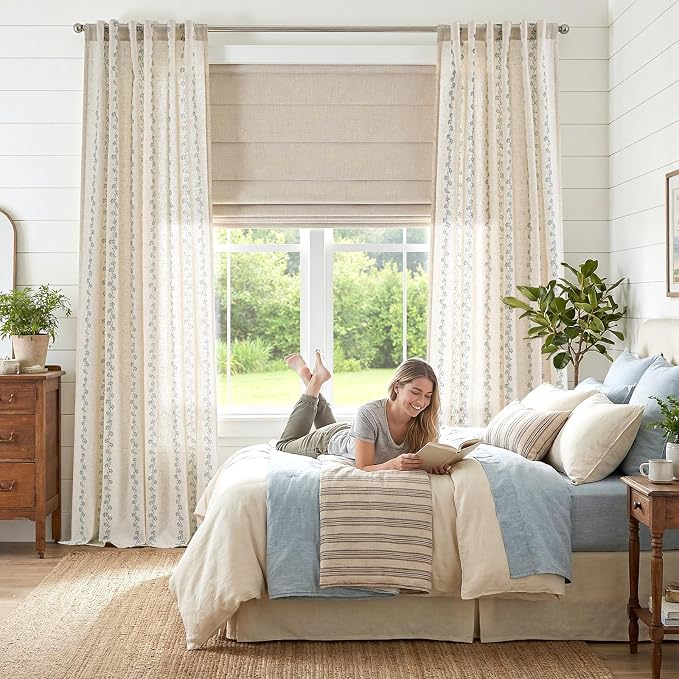 Lazzzy Cathy Linen Floral Curtains for Living Room Privacy Curtains 96 inch Length Set of 2 for Bedroom Rod Pocket Back Tab Light Filtering Drapes Farmhouse Cottage Core Decor 50"x96" Blue on Linen