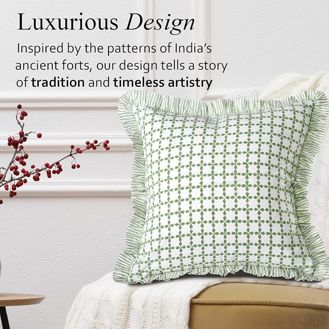 CPC Kelly Green Hand Block Print 100% Cotton Ruffle Throw Pillow Cover 18x18 inch with Hidden Zipper Decorative for Couch, Bed, Sofa, Farmhouse, Cottagecore Decor Gift Christmas Fall Thanksgiving