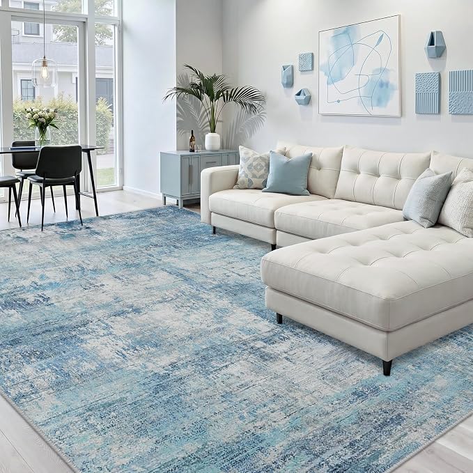 RELEANY Washable Area Rugs 5'x7' Non-Slip Modern Abstract Soft for Living Room Entryway Bedroom Kitchen, Print Pattern, Blue Teal