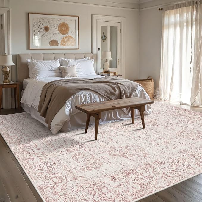 Rugxara 8x10 Pink Area Rug for Living Room & Bedroom, Large Washable Rugs for Nursery,Girls Room,Non Slip, Durable Low Pile Carpet, Vintage Carpets for Office, Dining Room, Kids Room and Farmhouse