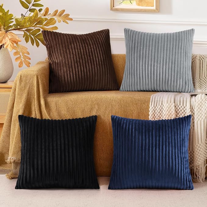 decorUhome Flannel Neutral Grey Throw Pillow Covers 16X16 Set of 4 | Decorative Fall Soft Fluffy Striped Double-Sided Couch Pillow Covers, Modern Farmhouse Pillow Cases for Sofa bed Home Decor