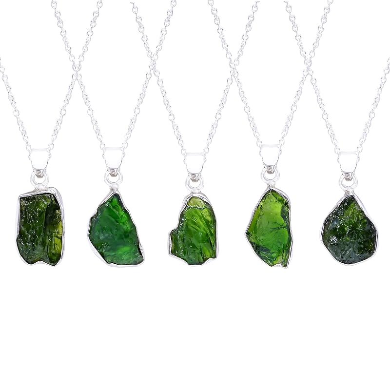 Natural Real Raw Chrome Diopside Crystals Bezel Pendant Necklace, Healing Rough Gemstone, 925 Sterling Silver Jewelry 18 inch