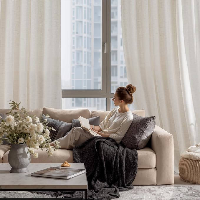 RYB HOME Sheer Linen Curtains Extra Long Light Airy Privacy Protected High Ceiling Window Curtains for Bedroom Living Room, Rod Pocket & Back Tab, Ivory, W 52 x L 120 inch, Set of 2