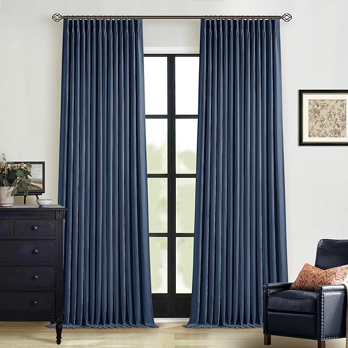 Navy Blue Blackout Linen Curtains 108 Inches Long for Bedroom Pinch Pleated | 100% Black Out Curtains Lined 2 Layers, Memory Shape, Noise Reducing, Room Darkening, for Living Room Window, 40x108 2 Panels
