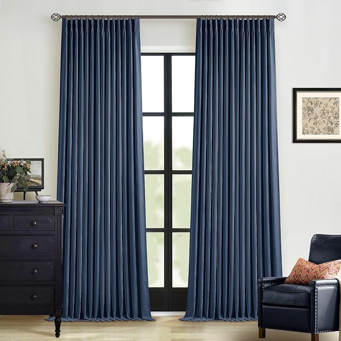 Dark Blue Pinch Pleated 100% Blackout Linen Bedroom Curtains 96 Inch Length | Double Layer Curtains, Pleat with Ring Hooks Back Tab, Black Out Room Darkening Drapes, for Living Room, Indigo Navy, 40x96