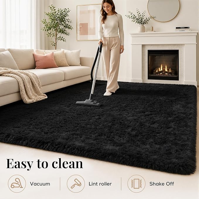 Area Rug for Living Room Bedroom: 9x12 Black Soft Fluffy Shag Upgrade Non-Slip High Pile Carpet Large Fuzzy Plush Indoor Floor Decor Shaggy Rug for Kid Boys Girls Dorms Playroom Nursery Modern Home
