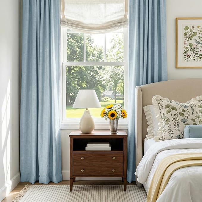 100% Blackout Shield Grayish Blue Linen Blackout Curtains for Bedroom 84 Inches Long, Back Tab/Rod Pocket Living Room Drapes, Thermal Insulated Blackout Curtains 2 Panels Set, 50" W x 84" L