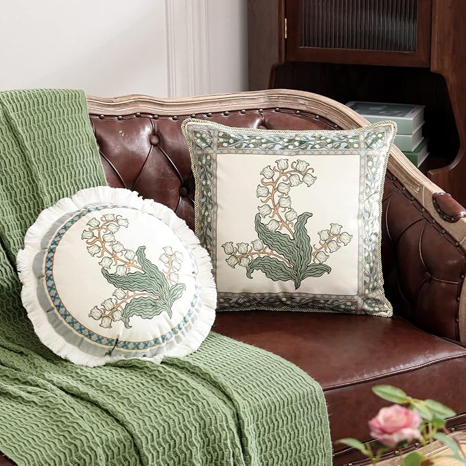 patdrea Designer French Velvet Throw Pillow Cover,Set of 4,-Callista | Elegant Lumbar Pillow Case,Green Vintage Floral Design,Decor Cushion Coverfor Couch Living Room Bedroom Sofa,Fringe Trim