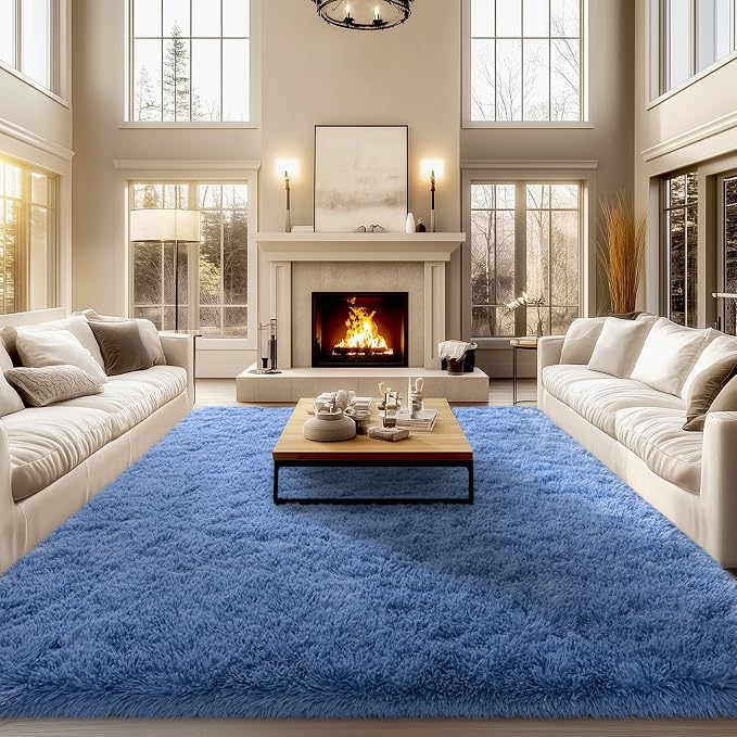 qulint Blue Area Rug for Living Room 9x12, Modern Fluffy Large Rug for Bedroom, Soft Shag Shaggy Alfombras para Salas, Plush Fuzzy Carpet for Boys and Girls Dorm Room Home Decor (9ft x 12ft, Blue)