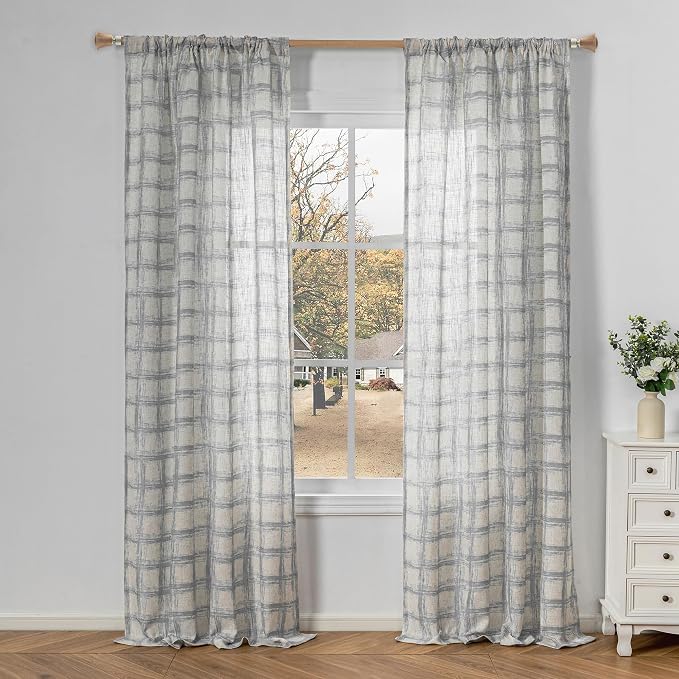 MYSKY HOME Linen Sheer Curtains 95 Inch Length for Bedroom, Living Room Curtains 2 Panel Sets, Soft Plaid Linen Polyester Blend Semi Sheers Light Filtering Back Tab Privacy Drapes, 50"x95", Grey
