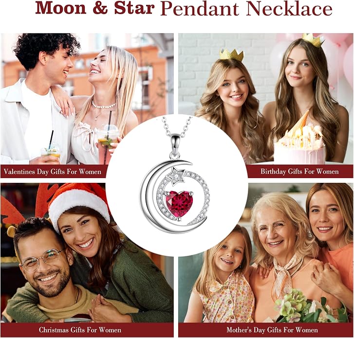 S925 Sterling Silver Birthstone Pendant Necklace Moon Star Necklace Jewelry Gift for Women Anniversary Valentine's day