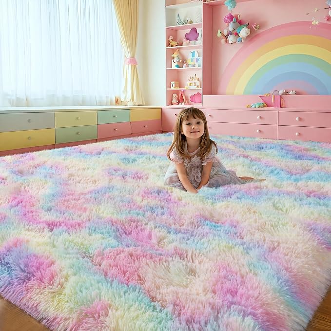 qulint 9x12 Area Rug for Bedroom, Large Soft Shaggy Rugs for Living Room | Fluffy Plush Rainbow Rug, Modern Colorful Carpet for Nursery Kids Room Dorm Classroom Home Decor Aesthetic